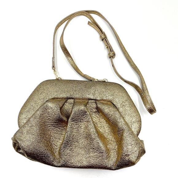 Themoire Gea Clutch Bag Gold Metallic Vegan Laminated Detachable Crossbody - Picture 3 of 16